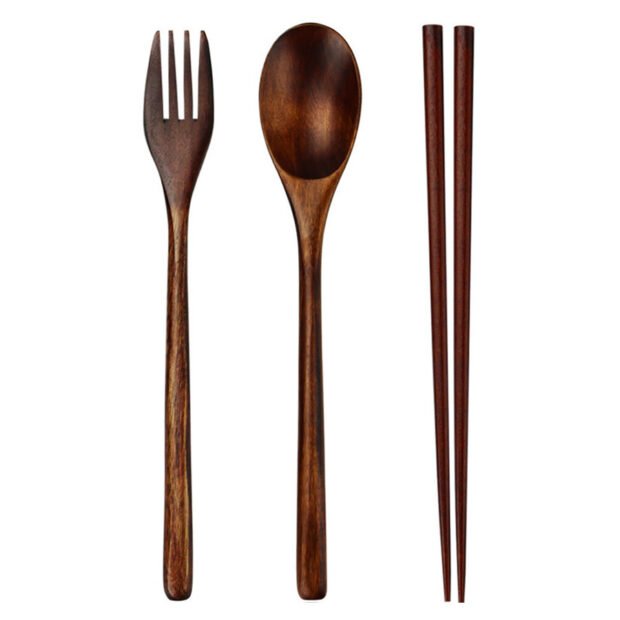 Natural Wood Chopsticks, Spoon & Fork Set