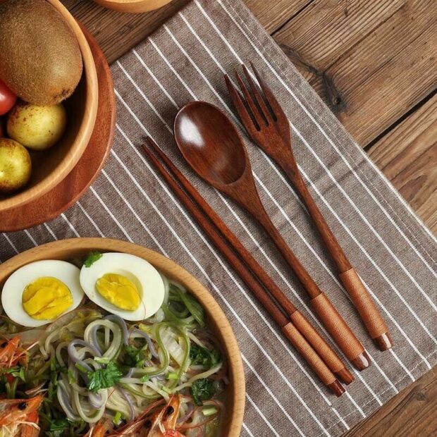 Wood Chopsticks, Spoon & Fork Set