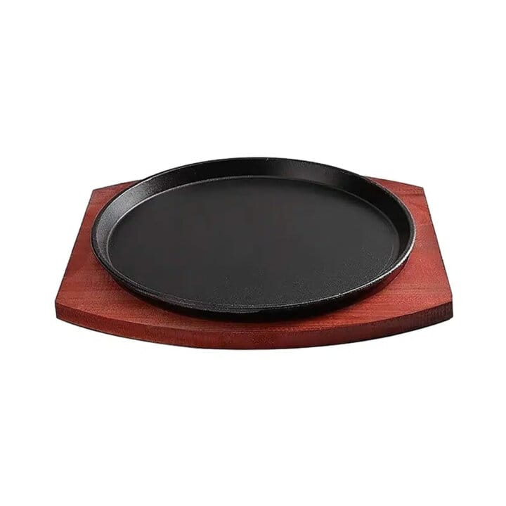 Round Cast Iron Sizzle Plate &Amp; Wood Base Round Cast Iron Sizzle Plate &Amp; Wood Base