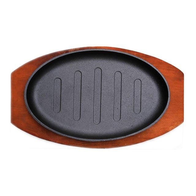 Cast Iron Sizzle Plate & Wooden Base