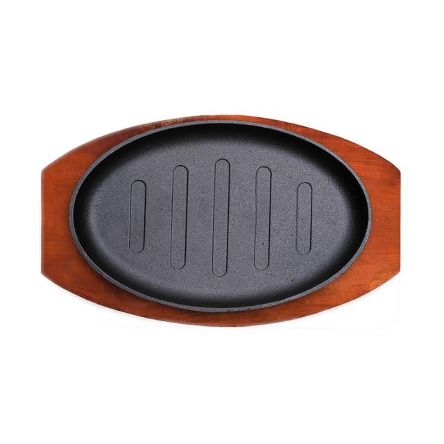 Cast Iron Sizzle Plate & Wooden Base