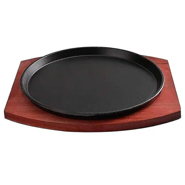 Cast Iron Sizzle Plate & Wood Base