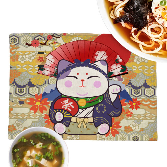 Happy Japanese Lucky Cat & Kimono Placemats