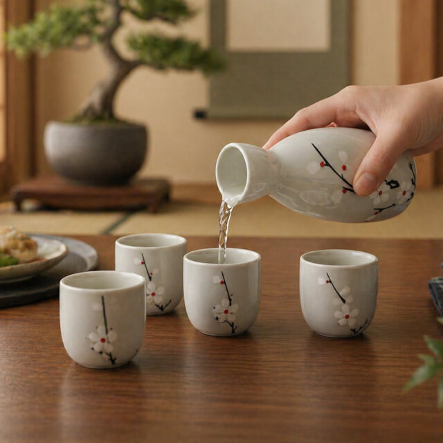 Japanese White Blossom Sake Set