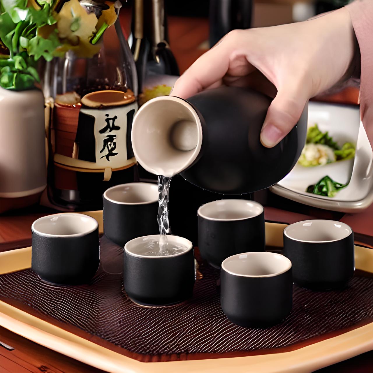 Kuro 7 Piece Sake Set & Bamboo Tray