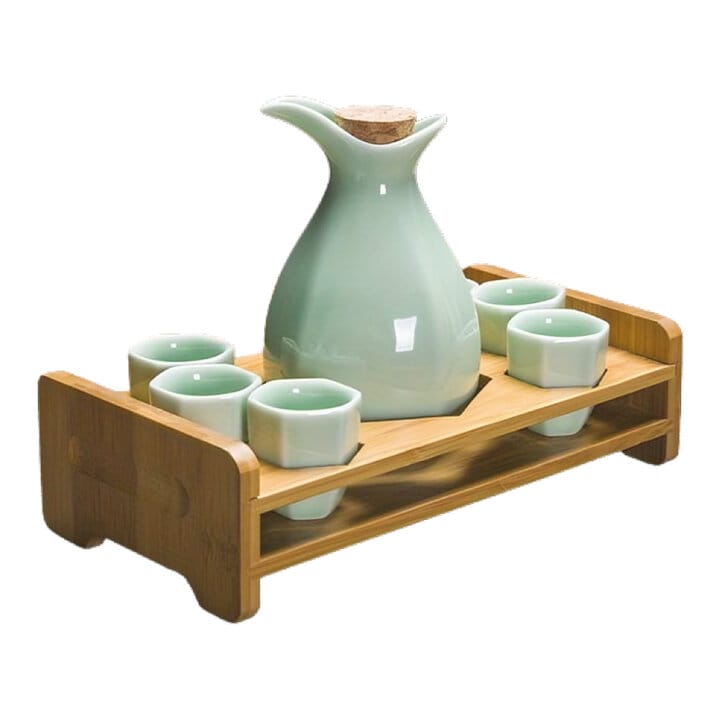 Kiyomizu Glaze Sake Set &Amp; Bamboo Tray Ensemble
