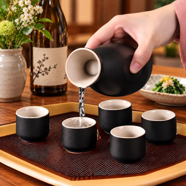 Kuro 6 Piece Sake Set & Bamboo Tray
