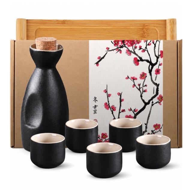 Kuro 6 Piece Sake Set & Bamboo Tray