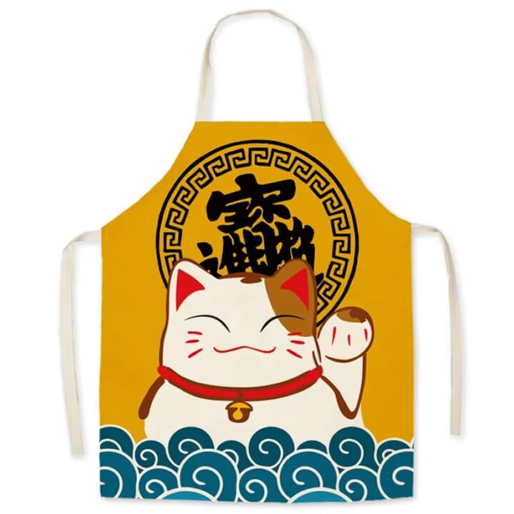 Smiling Maneki Neko &Amp; Blue Wave Apron