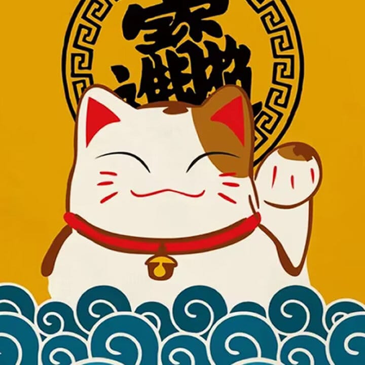 Smiling Maneki Neko &Amp; Blue Wave Apron Close Up