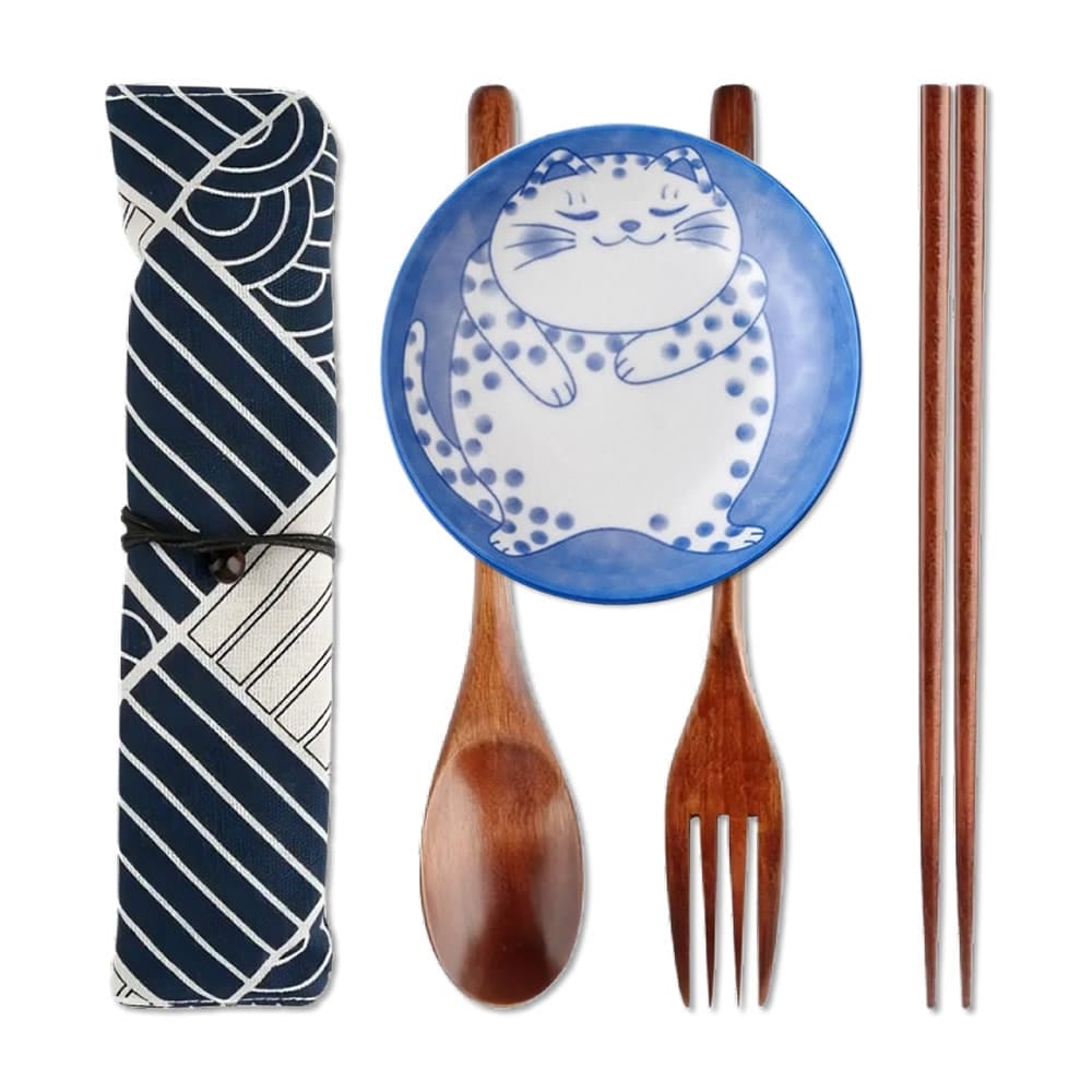 Cute Neko Sauce Dish & Wooden Cutlery Set