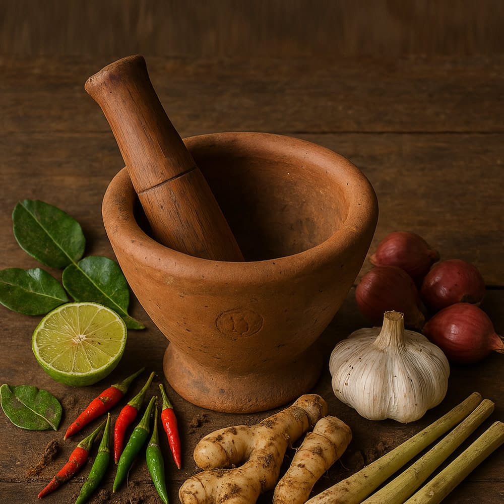 Thai Clay Mortar & Wooden Pestle