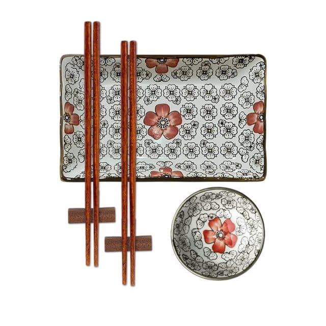 Crimson Sushi Plate, Sauce Tray, Chopstick & Rest Set