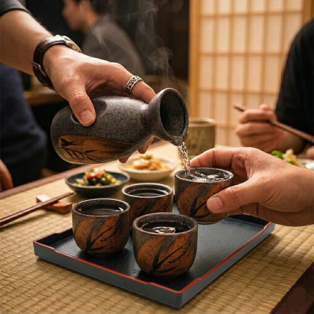 Traditional Momiji Kuro Sake Set & Serving Tray