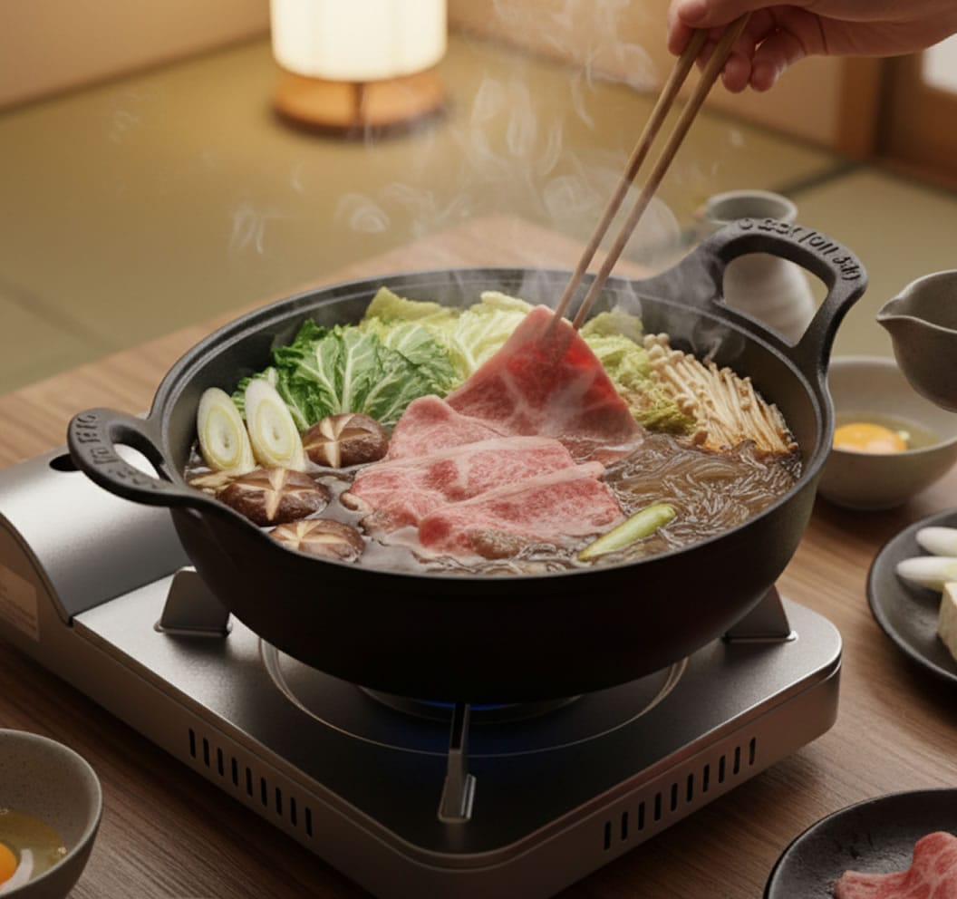 Cast Iron Sukiyaki Pot & Cedar Lid