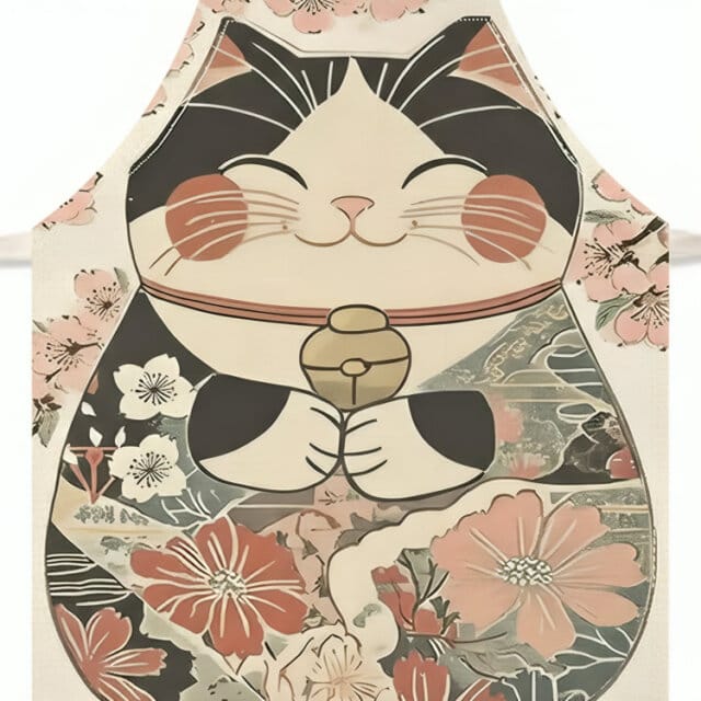 Maneki Neko Floral Apron Close Up