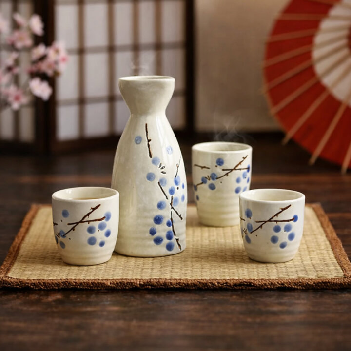 Blue Plum Blossom Sake Tokkuri &Amp; Ochoko Set