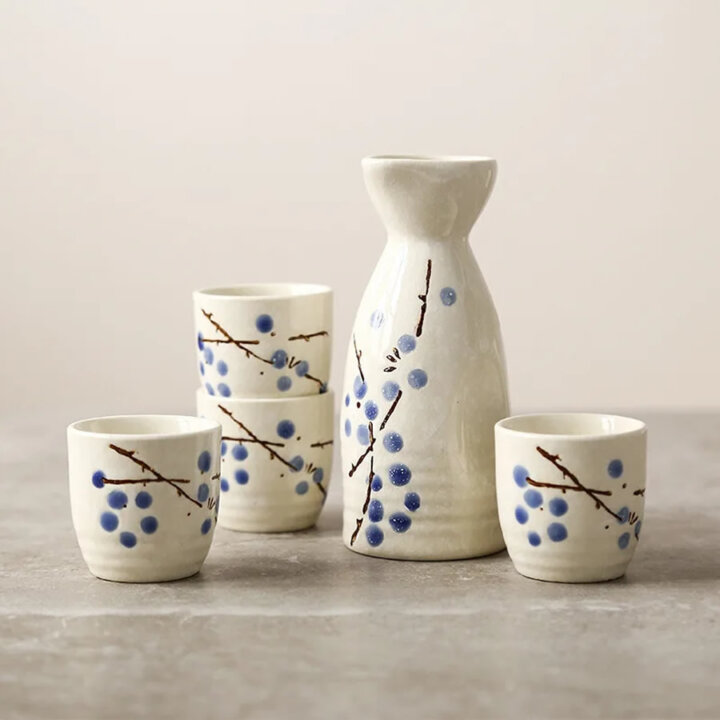 Blue Plum Blossom Sake Tokkuri &Amp; Ochoko Set