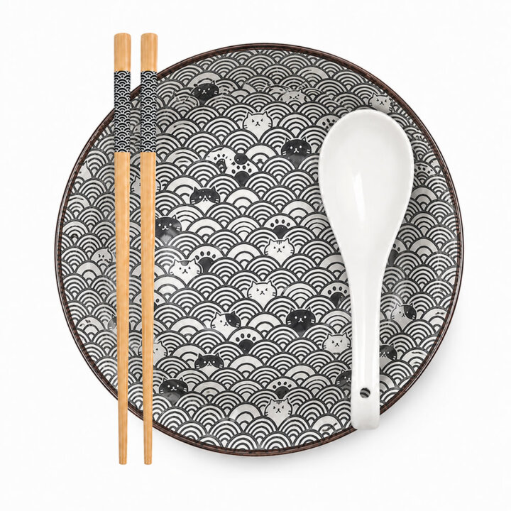 Seigaiha &Amp; Cute Neko Ramen Bowl Set