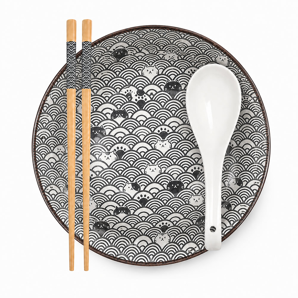Seigaiha & Cute Neko Ramen Bowl Set