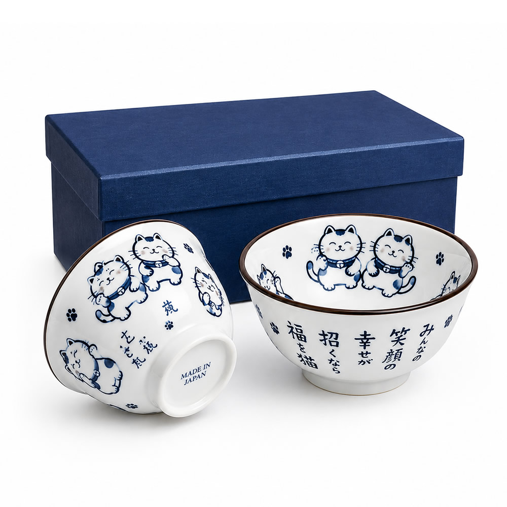 Mino Ware Lucky Cat Donburi Bowl Set Mino Ware Lucky Cat Donburi Bowl Set