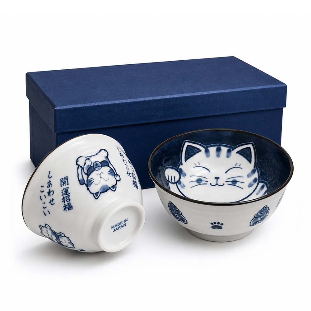 Mino Ware Lucky Cat Donburi Bowl Set