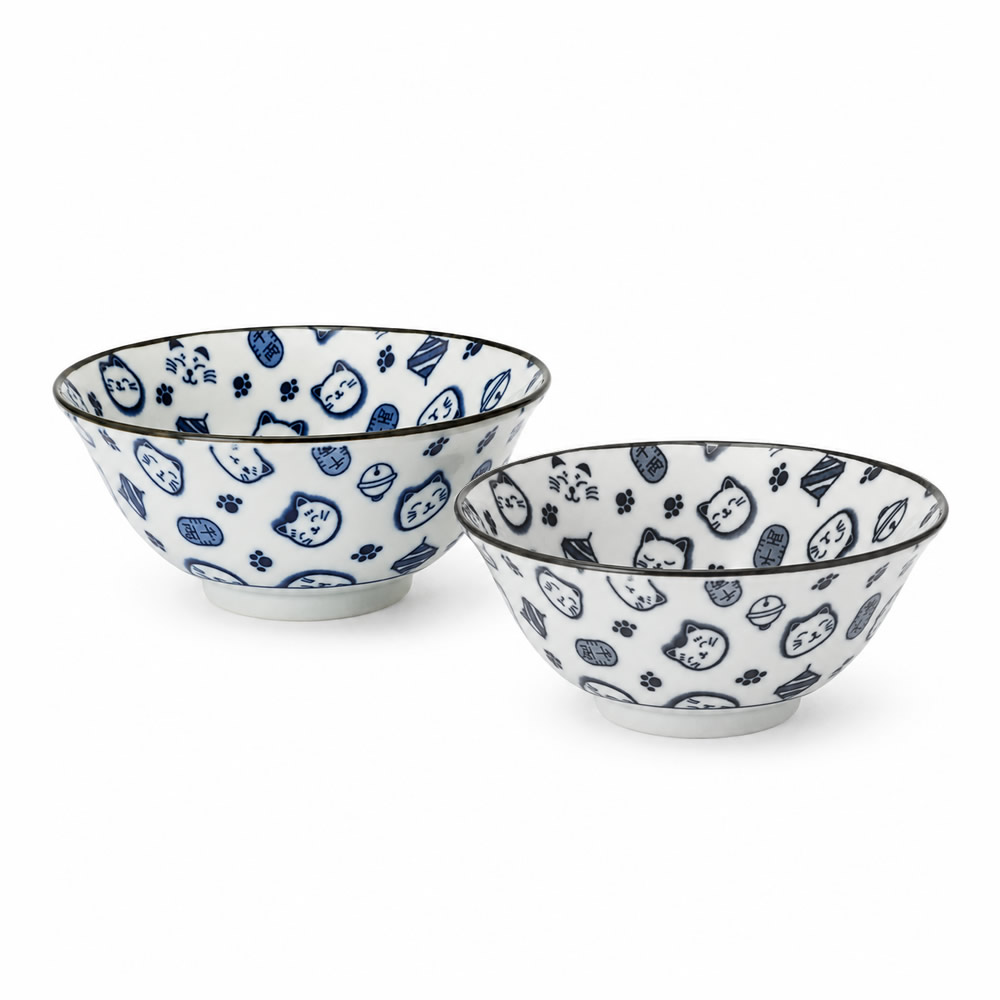 Mino Ware Lucky Cat Donburi Bowl Set Mino Ware Lucky Cat Donburi Bowl Set