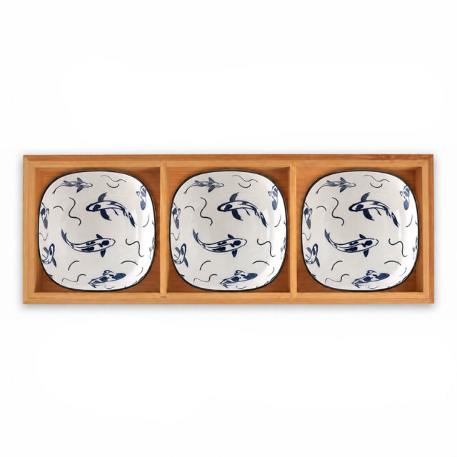 Bamboo Tray &Amp; Blue Koi Bowl Set Bamboo Tray &Amp; Blue Koi Bowl Set