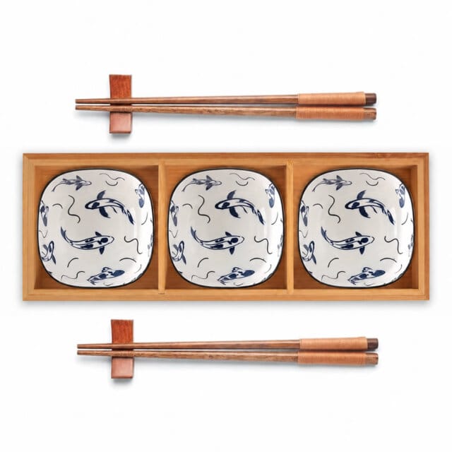 Bamboo Tray &Amp; Blue Koi Bowl Set Bamboo Tray &Amp; Blue Koi Bowl Set